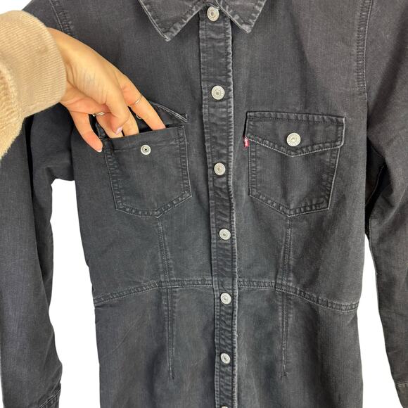 Levi’s Ellie Black Denim Long Sleeve Snap Button Waist Defined Trucker Dress - Picture 10 of 15